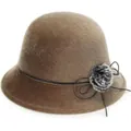 Eleganter brauner wollartiger warmer Fischerhut mit flauschigem Pompon und Schleife - Einheitsgröße / Khaki