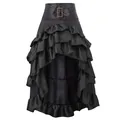 Close-up of a vintage black high-low tiered skirt with ruffled layers and a waist buckle - S / Bottoms / Black