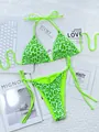 Bikini imprimé léopard vert fluo avec haut triangle à lacets et bas à coupe haute - Léopard Vert