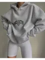 Oversized gray cotton hooded sweatshirt with black MCLLCTN letter print and front pocket - M / Tops / Gray Pure Cotton Thin Style