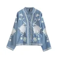 Light blue V-neck long sleeve tencel shirt featuring heavy white floral embroidery - Light Blue