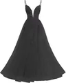 Elegant black floor-length tulle prom dress with delicate lace appliques and straps - XS / Bottoms / Black