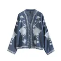 Loose long-sleeve Tencel shirt for women featuring ethnic floral embroidery and V-neck - Dark Blue