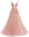 Elegant dusty pink spaghetti strap lace tulle prom gown with detailed floral embroidery - XS / Tops / Pink