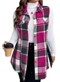 Gilet camicia senza maniche a quadri da donna in rosa e bianco, modello lungo casual chic - A Scacchi Rosa