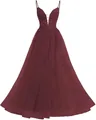 Elegant burgundy lace tulle evening gown with spaghetti straps and ball gown skirt - XS / Bottoms / Burgundy