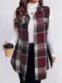 Elegante gilet smanicato casual da donna a quadri rossi e verdi con bottoni classici - Plaid Rosso Vino