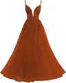 Elegant burnt orange floor-length lace tulle evening gown featuring sexy spaghetti straps. - XS / Bottoms / Burnt Orange