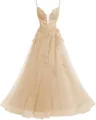 Elegant champagne lace spaghetti strap evening gown with a voluminous tulle ball gown skirt - XS / Bottoms / Champagne