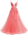 Elegant coral pink spaghetti strap floor-length lace and tulle prom evening dress. - XS / Bottoms / Hot Pink