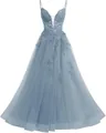 Elegant dusty blue French style long prom dress featuring lace applique and puffy tulle skirt - XS / Bottoms / Grey Blue