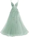 Elegant sage green spaghetti strap evening gown with intricate lace and layered tulle - XS / Bottoms / Mint Green