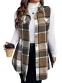 Gilet casual senza maniche a quadri da donna in marrone e bianco con bottoni sul davanti - Quadri Cachi