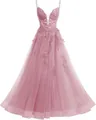 Elegant mauve French lace spaghetti strap long tulle prom dress for formal evening parties - XS / Bottoms / Rose Gold
