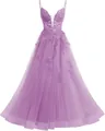 Elegant lavender long lace evening gown with spaghetti straps and puffy tulle skirt - XS / Bottoms / Violet