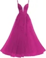 Elegant fuchsia French spaghetti strap evening gown with intricate lace and layered tulle - XS / Bottoms / Magenta