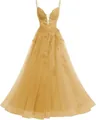 Elegant gold evening gown with spaghetti straps and floral lace embroidery for formal events. - XS / Bottoms / Gold