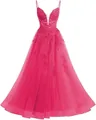 Elegant fuchsia lace prom dress featuring spaghetti straps and a layered tulle skirt - XS / Bottoms / Hot Pink