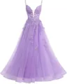 Elegant purple spaghetti strap tulle prom dress featuring an intricate lace floral bodice design - XS / Bottoms / Purple