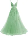 Elegant sage green lace spaghetti strap tulle long evening gown for prom or gala events. - XS / Bottoms / Emerald Green