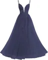 Elegant navy blue lace evening gown with spaghetti straps and full tulle A-line skirt - XS / Tops / Navy Blue