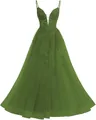 Elegant olive green spaghetti strap lace evening gown featuring a voluminous tulle skirt - XS / Bottoms / Army Green