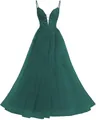 Elegant dark green evening dress with spaghetti straps, lace bodice and tulle skirt - XS / Bottoms / Teal