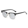 Classic Clubmaster style sunglasses with black frame, gold trim, and silver lenses - Glossy Black Gold Frame White Mirror Lens