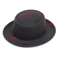 Vintage black wool felt boater hat with flat brim and detailed dimensions for adults - Concave Round Top Style / Black