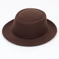 Retro vintage solid brown wool felt flat top pork pie hat with wide brim for men and women - Concave Round Top Style / Brown