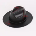 Classic black British retro jazz hat with 7.5cm flat brim and 13cm height measurement - Leather Texture Wide Flat Brim Style / Black