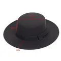 Black vintage felt boater hat for men and women with dimension markings showing 7cm brim - Flat Brim Ribbon Flat Top Style / 7cm Brim Width / Black