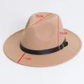 Classic camel felt fedora hat with black belt buckle trim showing precise dimensions - Flat Brim Belt Buckle Style / Camel