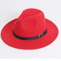 Vintage red wool felt fedora jazz hat with black buckled band for men and women - Flat Brim Belt Buckle Style / Red
