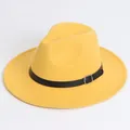 Classic yellow wool felt jazz hat with black belt buckle accent for men and women - Flat Brim Belt Buckle Style / Yellow