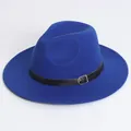 Classic royal blue wool felt fedora jazz hat featuring a stylish black leather belt strap - Flat Brim Belt Buckle Style / Blue