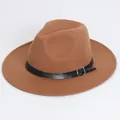 Vintage camel brown felt fedora jazz hat featuring a stylish black leather buckle band - Flat Brim Belt Buckle Style / Khaki