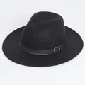 Classic black wool felt fedora jazz hat with vintage belt buckle band for men and women - Flat Brim Belt Buckle Style / Black