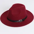 Vintage burgundy felt fedora hat with black leather buckle band for men and women - Flat Brim Belt Buckle Style / Burgundy