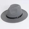 Classic grey vintage felt fedora hat with black leather belt buckle for men and women - Flat Brim Belt Buckle Style / Gray