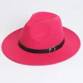 Classic rose red felt fedora hat for men and women with black belt buckle accent - Flat Brim Belt Buckle Style / Rose Red