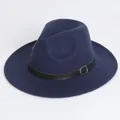 Classic navy blue felt fedora hat with black belt buckle trim for retro unisex style - Flat Brim Belt Buckle Style / Navy Blue