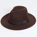 Classic vintage style dark brown felt fedora jazz hat with black leather buckle belt - Flat Brim Belt Buckle Style / Coffee