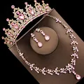 Elegant 3-piece bridal jewelry set with pink crystals and crown - Stud Pin Style / Three-Piece Set / Gold (Pink Rhinestone)