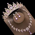 Close-up detail of bridal jewelry set featuring purple crystals and elegant gold tiara - Stud Pin Style / Three-Piece Set / Gold (Purple Rhinestone)