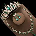 Luxury emerald green rhinestone bridal jewelry set with tiara necklace and earrings - Stud Pin Style / Three-Piece Set / Gold (Green Rhinestone)