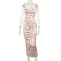 Detailed view of a French style floral satin spaghetti strap dress with slim mermaid silhouette - S / Top And Bottom / Pink