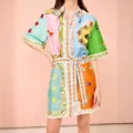 Elegant short-sleeve shirt dress featuring vibrant playing card and baroque prints - S / Top And Bottom / Rainbow