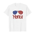 Weißes Independence Day Unisex T-Shirt mit 'Merica' und US-Flaggen-Sonnenbrillen-Druck - XS / Oberteile / Weiß