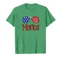 Grünes kurzärmeliges Independence Day T-Shirt mit US-Flaggen-Sonnenbrillen-Print - XS / Oberteile / Grün